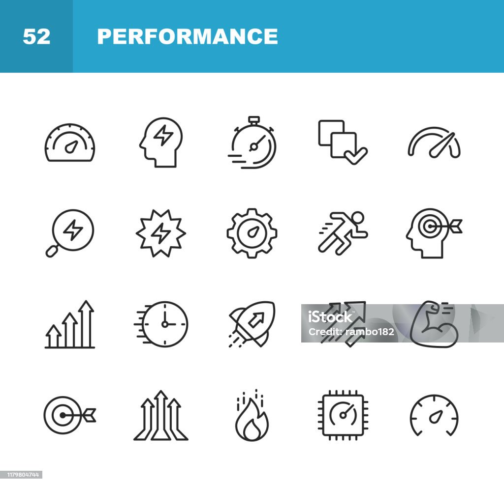 Performance Line Icons. Editable Stroke. Pixel Perfect. For Mobile and Web. Contains such icons as Performance, Growth, Feedback, Running, Speedometer, Authority, Success. 20 Performance Outline Icons. Icon stock vector