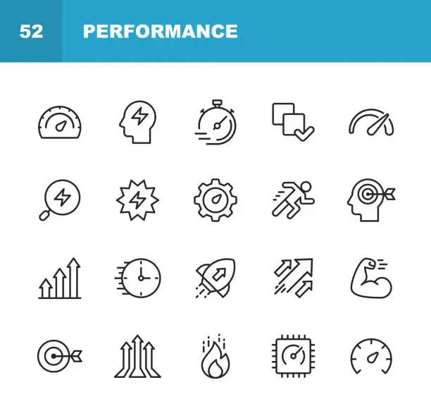 Vector illustration of Performance Line Icons. Editable Stroke. Pixel Perfect. For Mobile and Web. Contains such icons as Performance, Growth, Feedback, Running, Speedometer, Authority, Success.