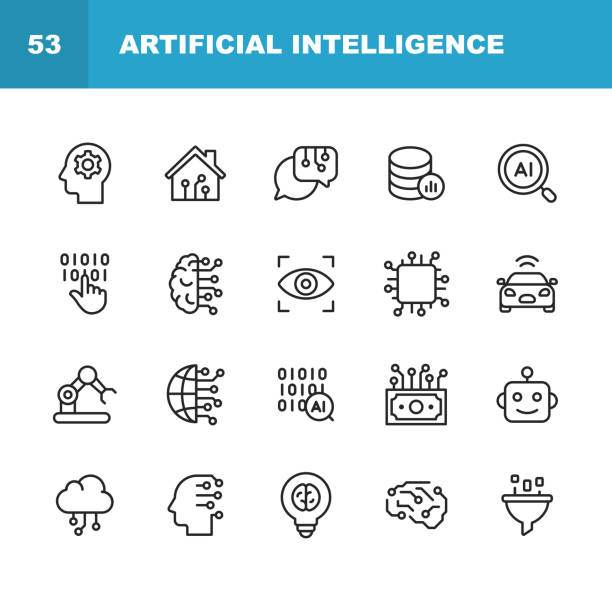 Artificial Intelligence Line Icons. Editable Stroke. Pixel Perfect. For Mobile and Web. Contains such icons as Artificial Intelligence, Machine Learning, Internet of Things, Big Data, Network Technology, Robot, Finance Cloud Computing. 20 Artificial Intelligence Outline Icons. robot symbols stock illustrations