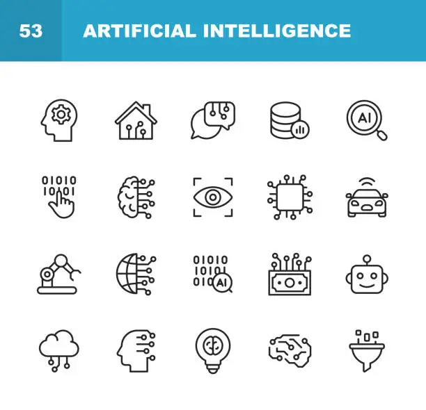 Vector illustration of Artificial Intelligence Line Icons. Editable Stroke. Pixel Perfect. For Mobile and Web. Contains such icons as Artificial Intelligence, Machine Learning, Internet of Things, Big Data, Network Technology, Robot, Finance Cloud Computing.