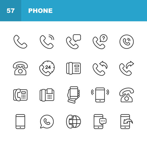 ilustrações de stock, clip art, desenhos animados e ícones de telephone and communication line icons. editable stroke. pixel perfect. for mobile and web. contains such icons as telephone, support, smartphone, digital display, communication, global business. - text messaging e mail mobile phone symbol