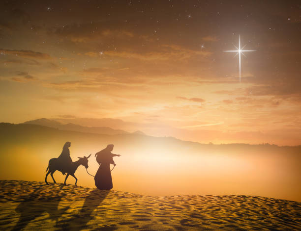 Christmas religious nativity concept Silhouette pregnant Mary and Joseph with a donkey on star of cross background nativity scene photos stock pictures, royalty-free photos & images
