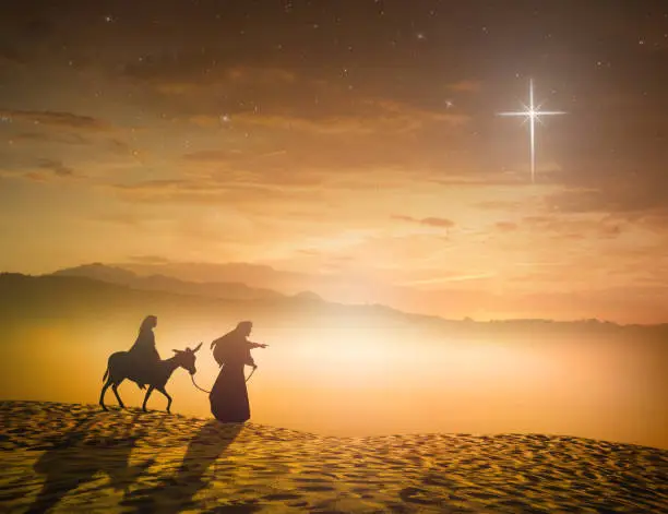 Silhouette pregnant Mary and Joseph with a donkey on star of cross background