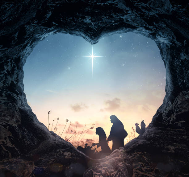 Christmas religious nativity concept Silhouette pregnant Mary and Joseph with a donkey on star of cross background religious christmas greetings stock pictures, royalty-free photos & images