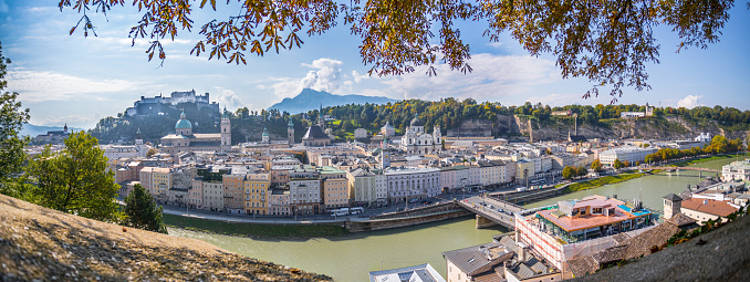 Salzburg historic district at autumn time, colorful leaves and colors with sunshine, Austria