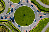 Cars and Truck on Traffic Circle, Aerial View