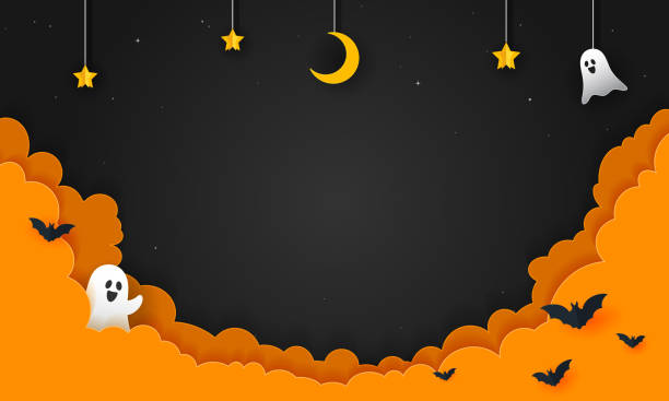 ilustraciones, imágenes clip art, dibujos animados e iconos de stock de ilustración vectorial de fondo de la noche de halloween. fantasma espeluznante con cielo nocturno, estilo de arte de papel - halloween