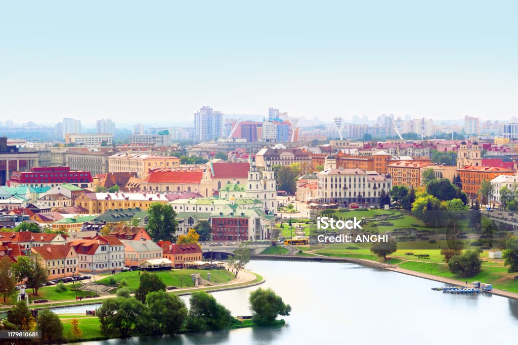 Panoramic aerial view, cityscape of Minsk, Belarus. Downtown, skyline Minsk Stock Photo