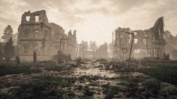 ruinen einer stadt. apokalyptische landschaft - ruine stock-fotos und bilder
