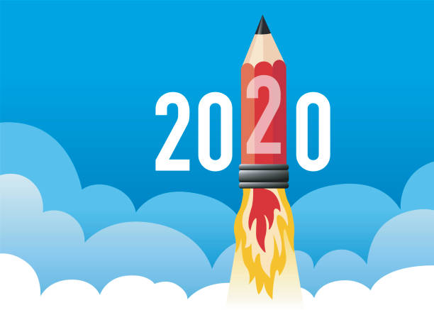 illustrations, cliparts, dessins animés et icônes de concept d’une carte de vœux pour l’année 2020, montrant un crayon en forme de fusée. - vitality anticipation concentration determination