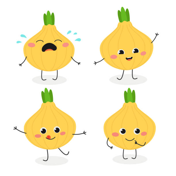 Onion cartoon character emoticon set Funny cartoon onion characters set in flat style. Vector illustration isolated on white background onion stock illustrations