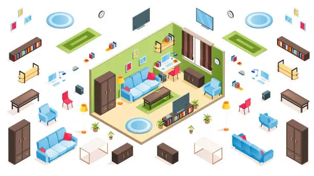 Vector illustration of Living room interior and isometric items for apartment constructor. Isolated couch or sofa, chair and table, armchair and vase, plant pot and carpet, picture frame, plasma tv, clock,.Furniture, indoor