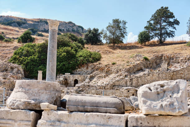 ruins of sanctuary of apollo hylates located at the beach of mediterranean sea. near an ancient greek town of kourion. limassol, episkopi, cyprus - sanctuary of apollo international landmark sunny sunlight imagens e fotografias de stock