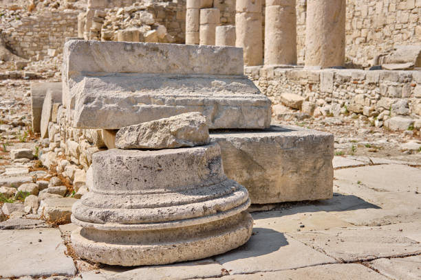 ruins of sanctuary of apollo hylates located at the beach of mediterranean sea. near an ancient greek town of kourion. limassol, episkopi, cyprus - sanctuary of apollo international landmark sunny sunlight imagens e fotografias de stock