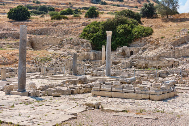 ruins of sanctuary of apollo hylates located at the beach of mediterranean sea. near an ancient greek town of kourion. limassol, episkopi, cyprus - sanctuary of apollo international landmark sunny sunlight imagens e fotografias de stock