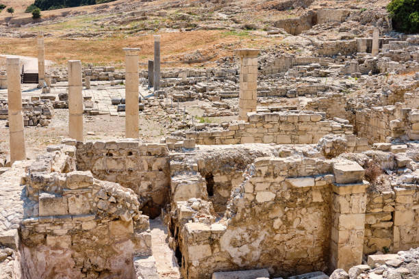 ruins of sanctuary of apollo hylates located at the beach of mediterranean sea. near an ancient greek town of kourion. limassol, episkopi, cyprus - sanctuary of apollo international landmark sunny sunlight imagens e fotografias de stock