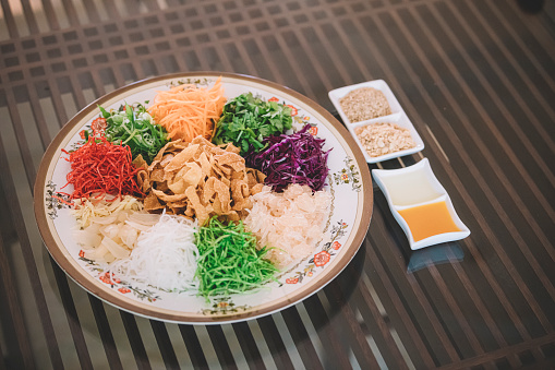 malaysia chinese traditional cuisine during chinese new year yu sang raw food represent good luck and prosperity
