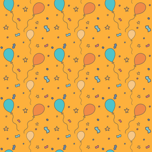 ilustrações, clipart, desenhos animados e ícones de teste padrão sem emenda decorativo da festa de anos feliz no fundo alaranjado - pattern cube repetition backgrounds