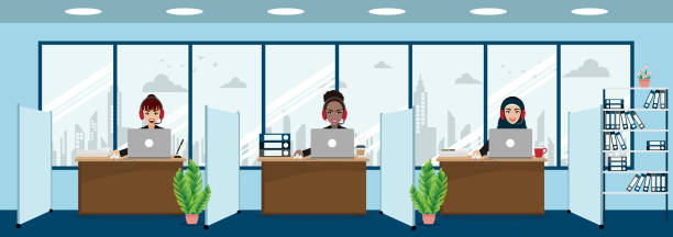 Group of call center, customer support, help desk or service concept. Different nationalities people. Cartoon character or flat design vector Group of call center, customer support, help desk or service concept. Different nationalities people in work space background. Cartoon character or flat design vector hotline background stock illustrations