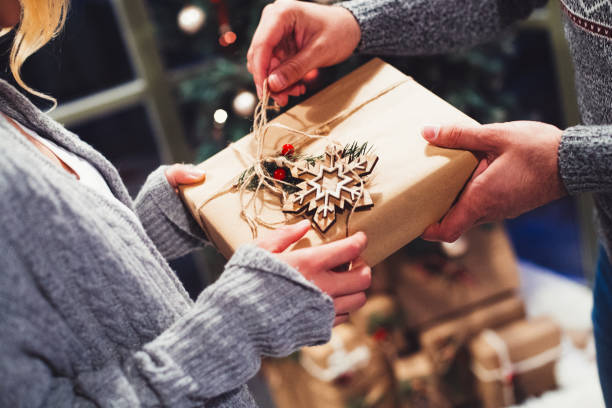 The joy of gift giving at Christmastime stock photo