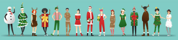 stockillustraties, clipart, cartoons en iconen met merry christmas, groep van tieners in kerst kostuum concept geïsoleerd op blauwe achtergrond, vector, illustratie - christmas people