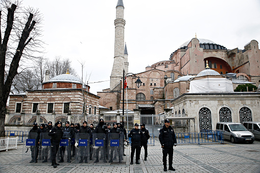 Police officers stands outside of Hagia Sophia Museum in Istanbul, Turkey on Jan. 6, 2019