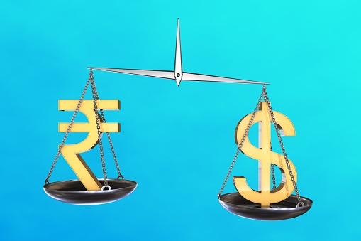 3D illustration: vintage scales in disbalance with the yellow sign of Indian rupee on one side and the us dollar on the other. Exchange rate. Comparison of two currencies.