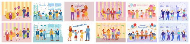 Birthday party flat vector illustrations set. Happy anniversary celebration party. Guests and hosts of feast. People have joint holiday dinner with colleagues, family cartoon characters Birthday party flat vector illustrations set. Happy anniversary celebration party. Guests and hosts of feast. People have joint holiday dinner with colleagues, family cartoon characters birthday family stock illustrations