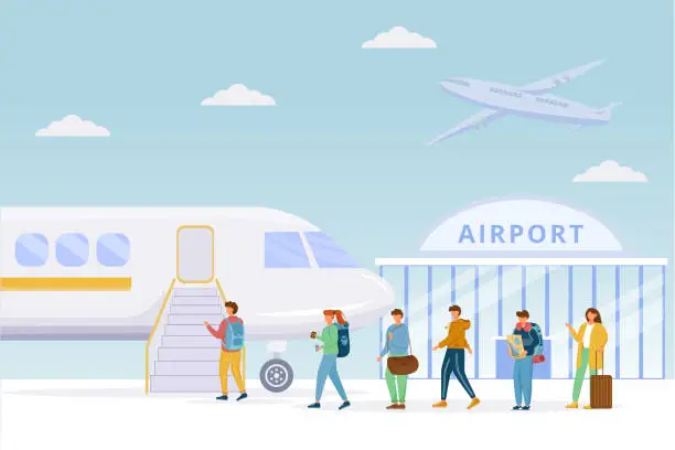 Vector illustration of Passengers boarding plane flat vector illustration. Airport. People on airfield. Tourists, travelers fly on charter flight. Men and women climb the ramp to aircraft cartoon characters