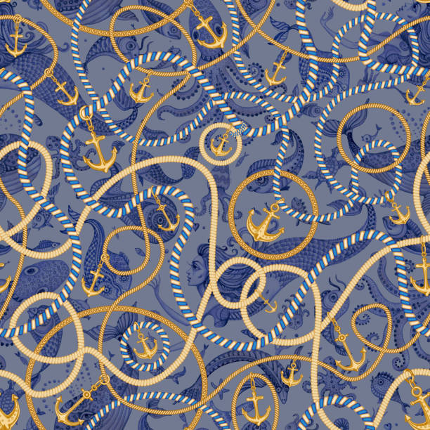 istock Golden chains, sea anchors, jewelry accessories, striped cables and ropes seamless pattern on a grey blue background with watercolor painted mermaids, fish, octopus and ocean animals. Baroque textile silk print, wallpaper 1179826555