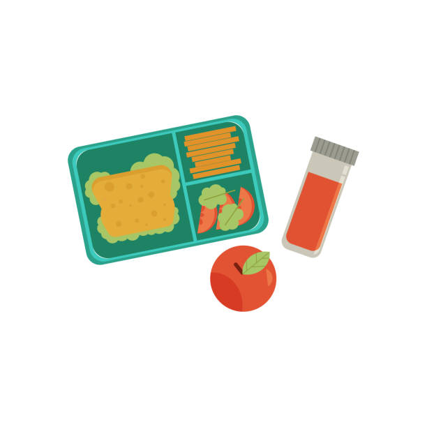 vector lunchbox mit snacks, gemüse und getränken - lunch box packed lunch apple symbol stock-grafiken, -clipart, -cartoons und -symbole