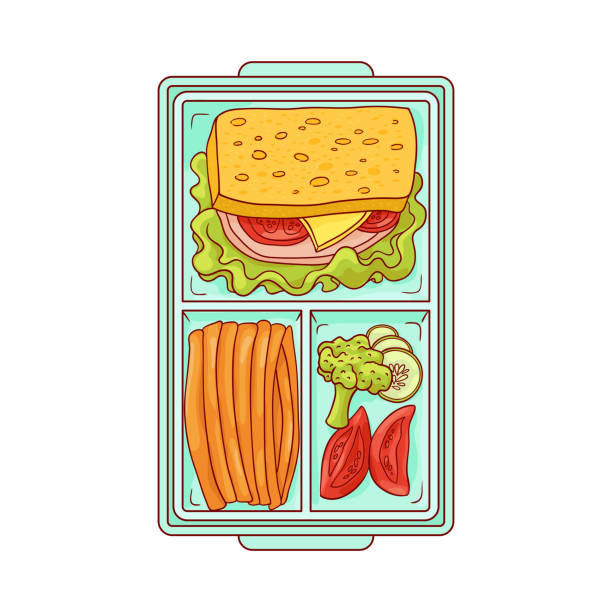 lunchbox mit essen zum mittagessen - sandwich und gemüse in kunststoffbehälter im skizzenstil. - lunch box packed lunch apple symbol stock-grafiken, -clipart, -cartoons und -symbole