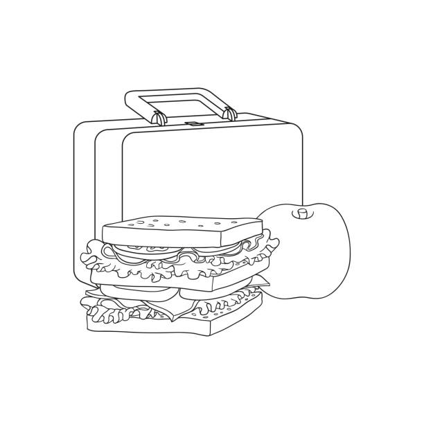 kunststoff lunchbox mit sandwich und apfel für die schule oder arbeitspause isoliert auf weißem hintergrund. - lunch box packed lunch apple symbol stock-grafiken, -clipart, -cartoons und -symbole