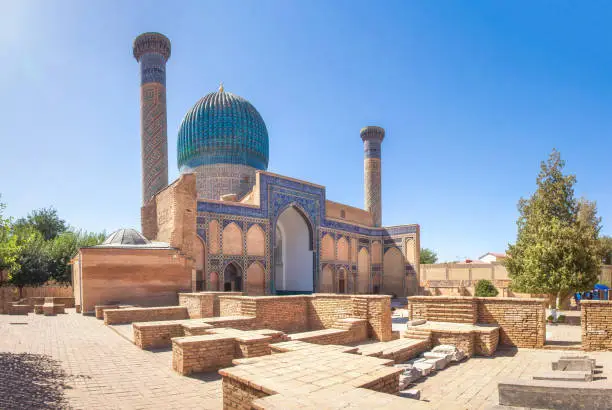 Samarkand landmark. Gur Emir Mausoleum in Samarkand, Uzbekistan (tomb of Amir Timur Tamerlan). Mausoleum of the Asian conqueror Timur. Ancient building exterior