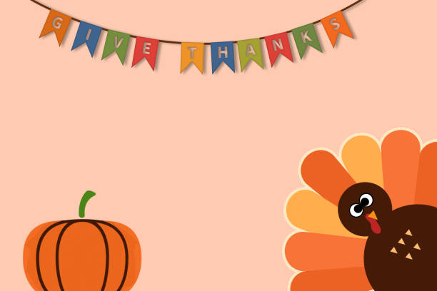 istock Happy Thanksgiving text Cartoon Turkey on pink background Thanksgiving poster with hanging give thanks text and pumpkin 1179829393