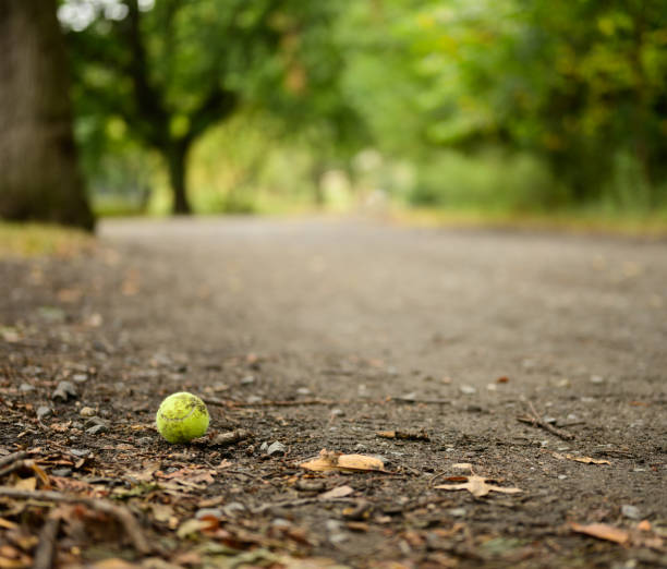 A close-up of a tennis ball in mid-air after hitting inside the baseline on a clay court for an ACE!
