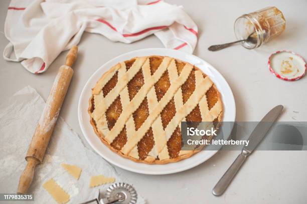 Cooking Italian Figs Jam Tart Crostata On A White Plate Stock Photo - Download Image Now