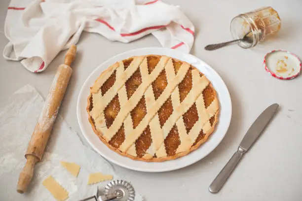 Photo of Cooking Italian figs jam tart Crostata on a white plate