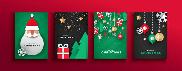 weihnachten neujahr papercut santa claus karte set - christmas card stock-grafiken, -clipart, -cartoons und -symbole