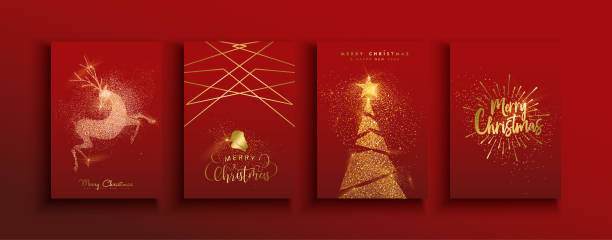 Christmas and new year gold glitter luxury card set Merry Christmas Happy new year greeting card set of gold glitter dust pine tree and holiday golden reindeer on festive red background. christmas card stock illustrations