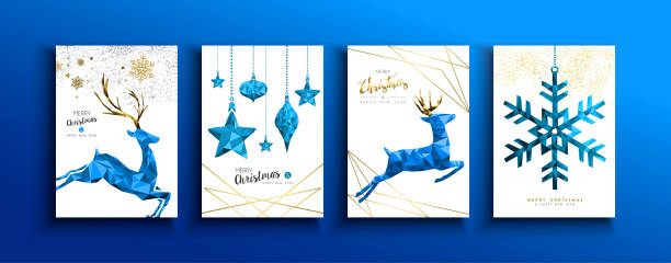 Christmas and new year blue low poly deer card set Merry Christmas Happy new year greeting card set of blue deer, pine tree and snowflake in abstract metallic low poly style. symbol snowflake icon set shiny stock illustrations