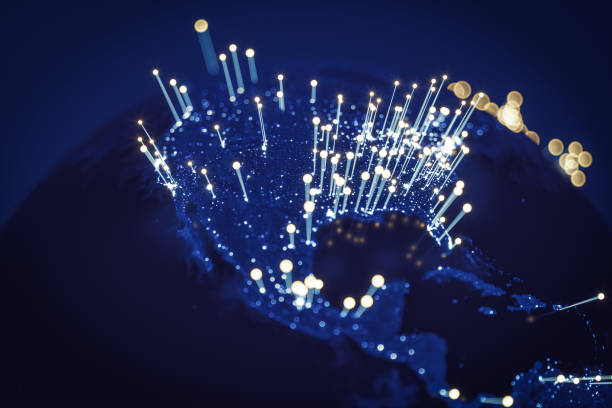 global communications usa (mapa mundial cortesía de la nasa) - fiber optic technology cable computer network fotografías e imágenes de stock