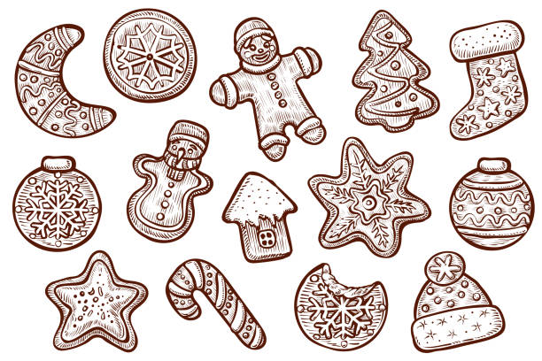 pierniki ciasteczka wektor, rysunki liniowe. boże narodzenie gingerman, lukier słodki dom i inne wypieki wakacje. - candy cane christmas holiday old fashioned stock illustrations