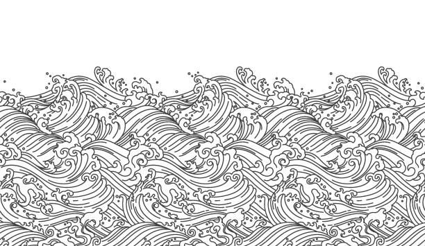 동양 웨이브 원활한 벽지 - 파도 패턴 일러스트 stock illustrations