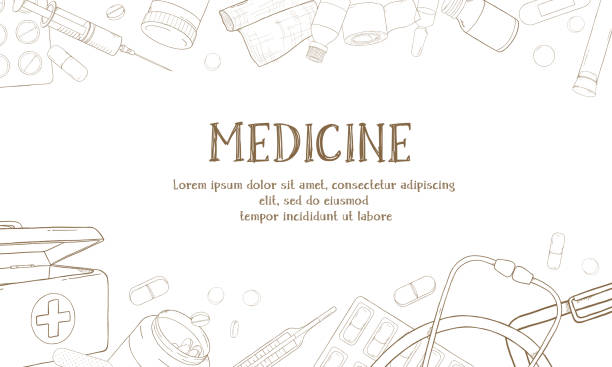 Frame on the theme of health. Medical equipment, drugs and pills. Dark outlines on white background. Frame on the theme of health. Space for your text. Medical equipment, drugs and pills. Dark outlines on white background. Vector illustration in sketch style. For advertising, booklets, website. Template. Mock up. doctor borders stock illustrations
