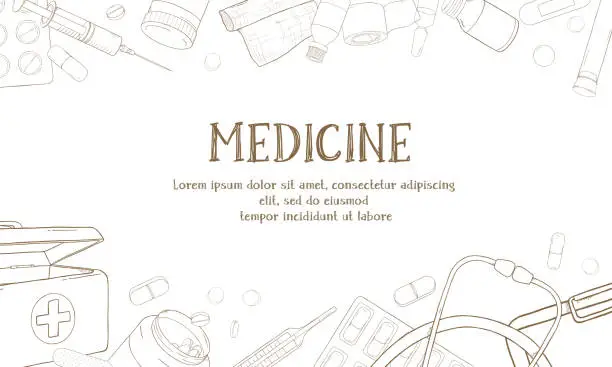 Vector illustration of Frame on the theme of health. Medical equipment, drugs and pills. Dark outlines on white background.