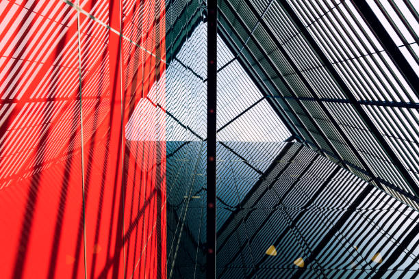 Modern Urban Architecture Internal steel structure of modern car park, public building, red and black colors architectural feature stock pictures, royalty-free photos & images