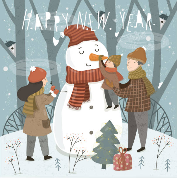 Happy New Year and Merry Christmas! Cute vector illustration of a family in the forest on the nature before the holiday. Mother, father and baby sculpt a snowman. Winter drawing for card, poster Happy New Year and Merry Christmas! Cute vector illustration of a family in the forest on the nature before the holiday. Mother, father and baby sculpt a snowman. Winter drawing for card, poster new years baby stock illustrations