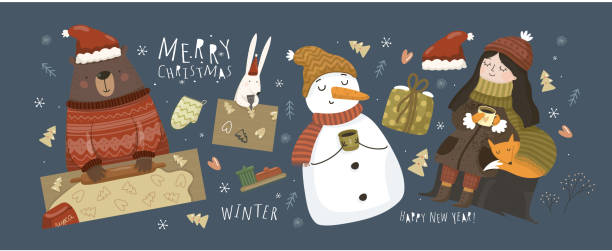 поздравляю с новым годом и рождеством! векторные иллюстрации к празднику: милые животные, снеговик, снегурочка, дед мороз, медведь п�ечет рож - snow maiden stock illustrations