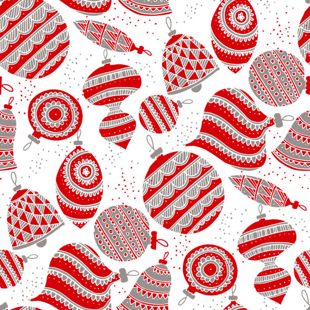 ilustrações de stock, clip art, desenhos animados e ícones de cute bright red and gray xmas balls seamless pattern - christmas decoration campanula decoration christmas